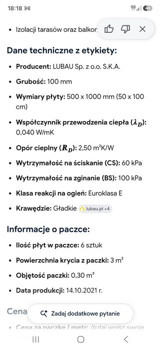 Styropian LUBAU Izoline Dach Podłoga Standard EPS 60 | Grubość 10 cm (100 mm)