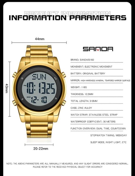 Novo Relógio Esportivo SANDA 6160 à Prova D'Água, Relógio Eletrônico LED de Pulso em Aço Inoxidável, Relógio Digital com Alarme, Relógio Masculino