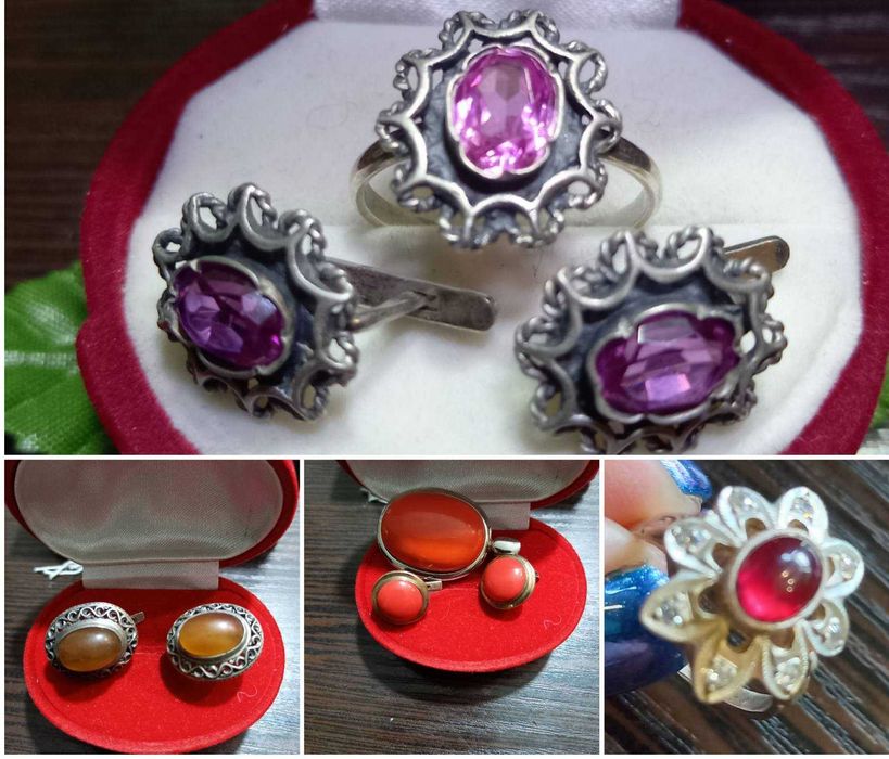 серебряные серьги с кораллами,янтарем  и аметист