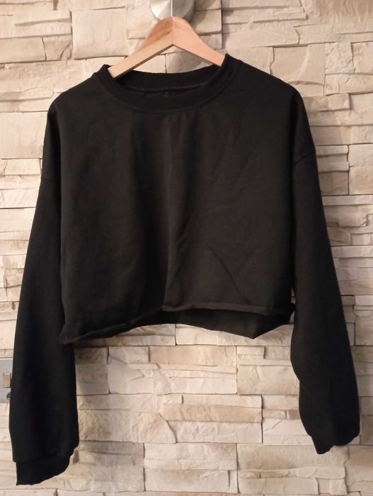 Bluza damska czarna długi rękaw, szeroka, krótka, M - dres