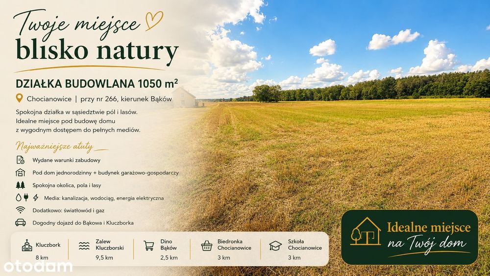 Działka 1050 m² WZ+Plan Ogólny -z pełnymi mediami –Chocianowice -las