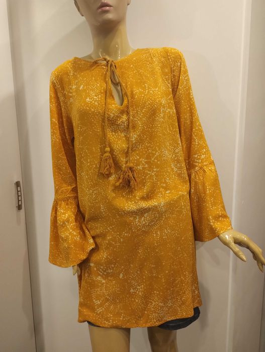 Tunika boho H&M 44 XL musztardowa wiskoza chwosty luźna sukienka