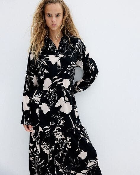 Sukienka szmizjerka H&M czarna kwiaty 36