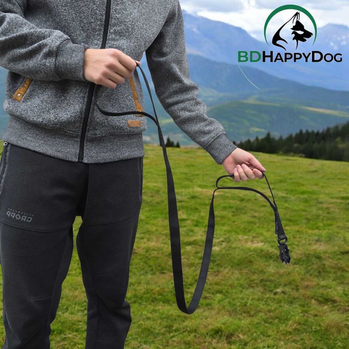 Smycz z taśmy z dodatkową rączką i klamrą typu żabka- 25 mm x 150 cm