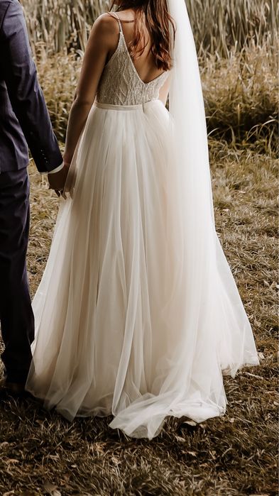 suknia ślubna, brokatowa, zdobiony gorset, XS