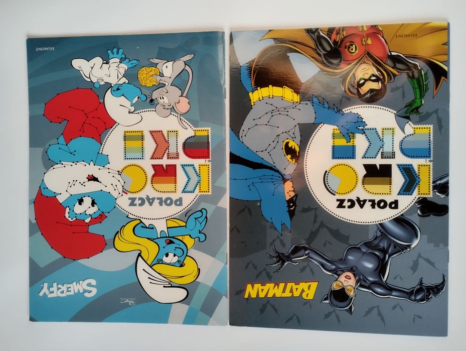 Batman Połącz kropki Adrianna Zabrzewska i Smerfy Połącz kropki- zestaw kolorowanek, wydawnictwo Egmont, wymiary: S4 książka z zadaniami