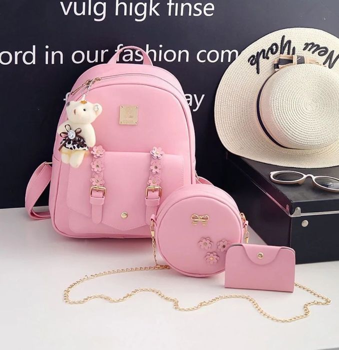 Жіночий рюкзак 3 в 1 рожевий, сумка + візитниця (набір) рожевий