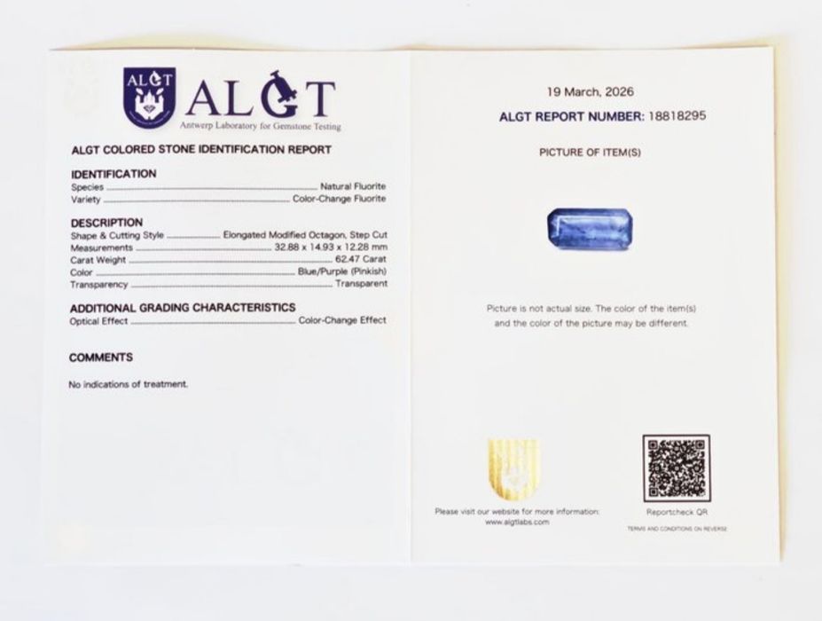 Gema Fluorita Natural 62.47 Ct – Certificado ALGT (Muda de Cor)