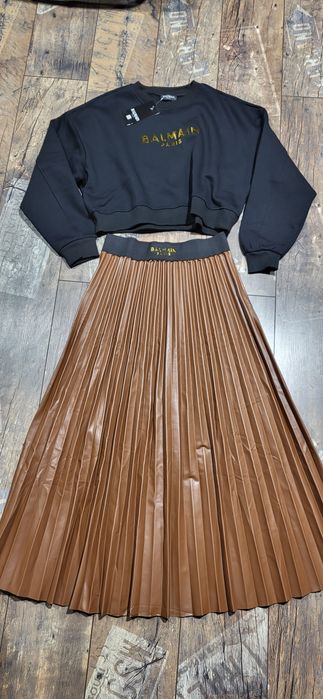 Komplet damski bluza spódnica plisowana midi czekolada karmel