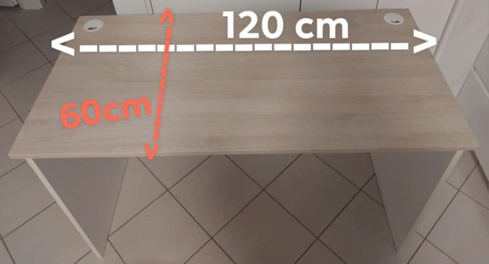 Biurko biała podstawa, blat jasne drewno