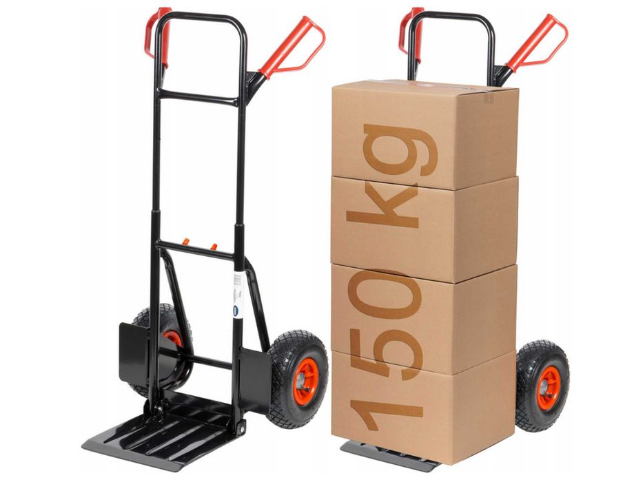 Wózek Transportowy Składany 150kg Młynarka Magazynowy Taczka Towarowa Koła Pompowane Łożyskowane Czarny Osłona Kół Dłoni Podest 29x29cm - WYPRZEDAŻ
