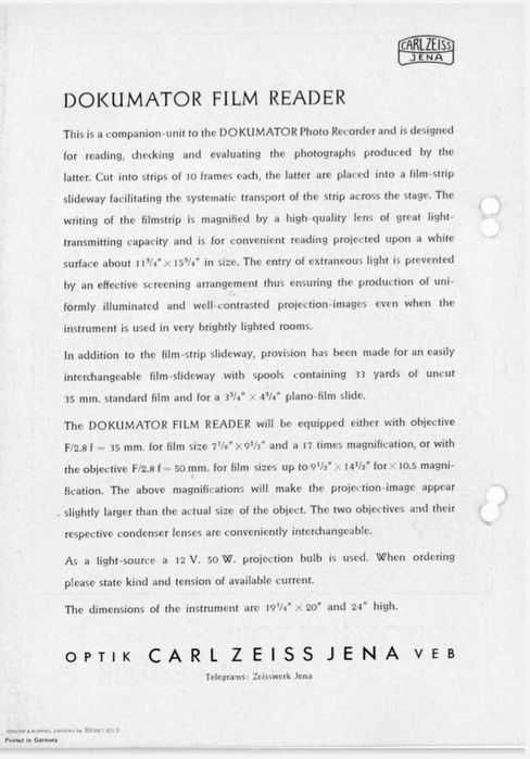 DOKUMATOR, CARL ZEISS JENA, Raríssimo Visualizador Microfilmes Vintage