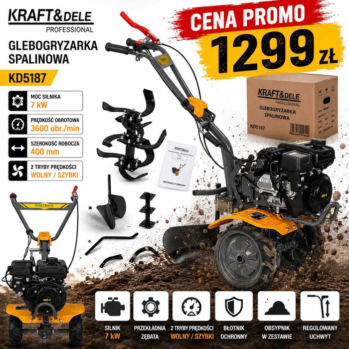 GLEBOGRYZARKA SPALINOWA 7 kW KRAFT&DELE KD5187 + Obsypnik + Koła lekka mocna zwrotna