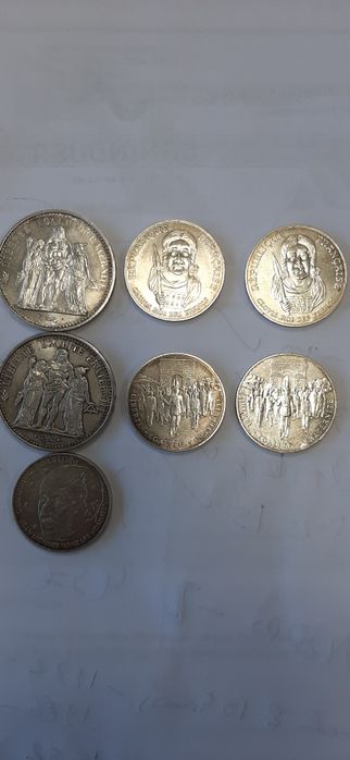 7 moedas 10 e 100 francos franceses em prata 1965 a 1996