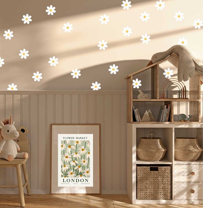 Naklejki na ścianę – Białe Kwiaty Stokrotki 10 cm | Zestaw 45 szt.