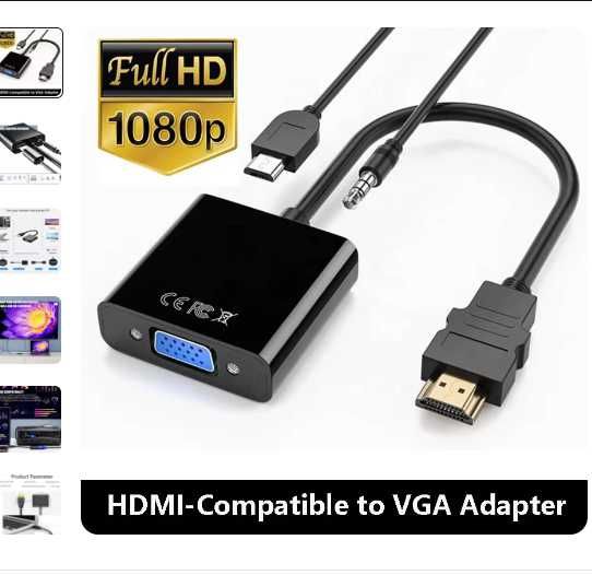 Adaptador c/fio som e usb HDMI para VGA (Novo)
