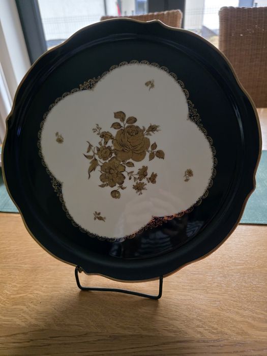 Duża patera echt kobalt Lindner złote róże 34 cm