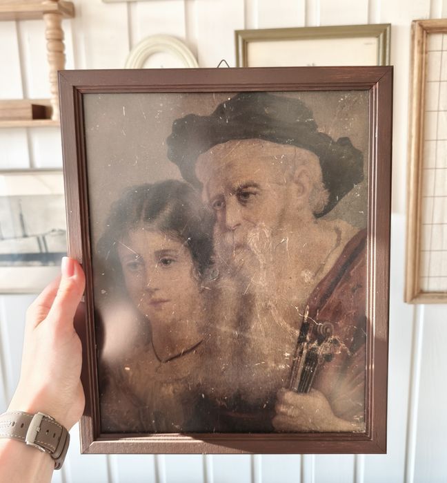 vintage obraz retro w drewnianej ramie porter para