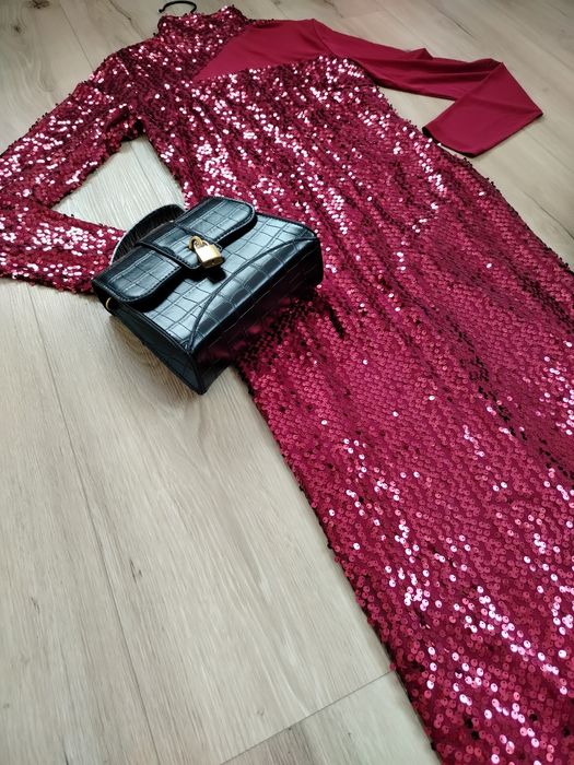 Bordowa sukienka maxi cekinowa elegancka 34 wieczorowa sequin dress