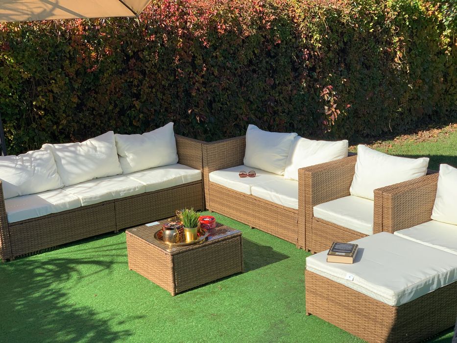 komplet technorattan Torino XXL zestaw beżowoszary fotel sofa pufa