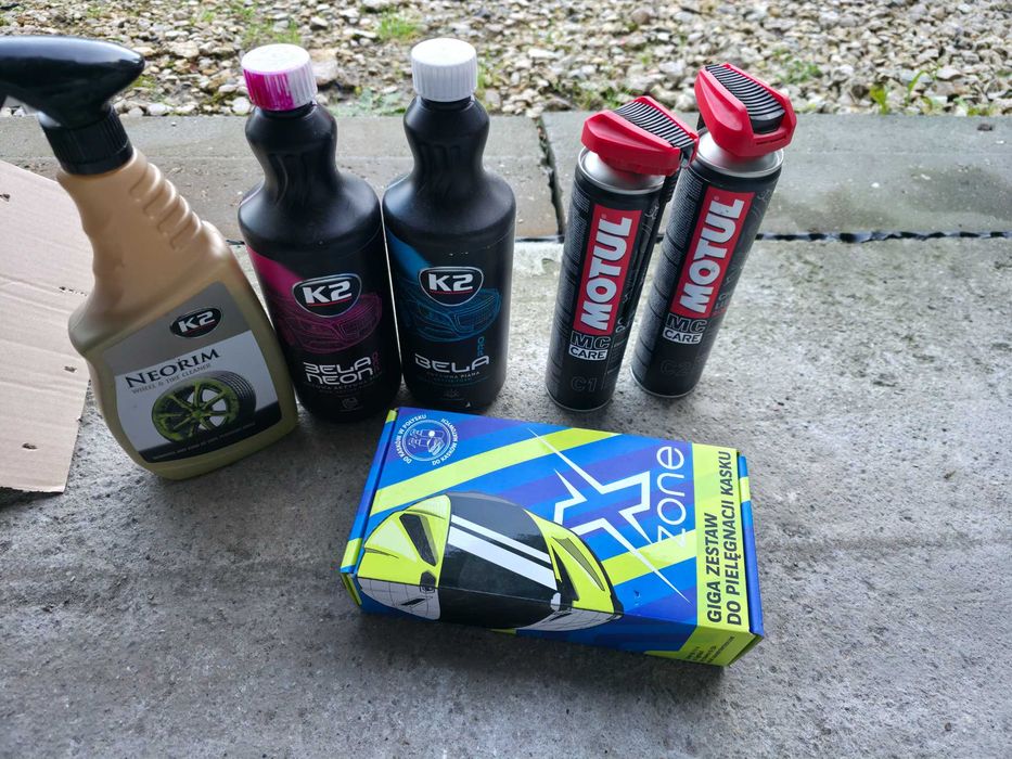 Zestaw do pielęgnacji motocykla. Motul czyszczenie i smarowanie łańcucha, x zone pielęgnacja kasku, k2 felgi + szczotki + preparat do wizjera