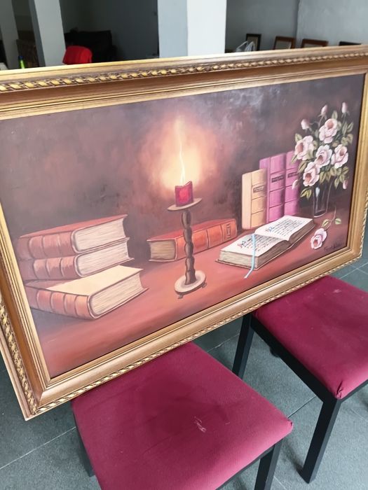 Pintura a óleo de Fernando Silva  1,25 mtr x 0,75 mt moldura entalhada dourada