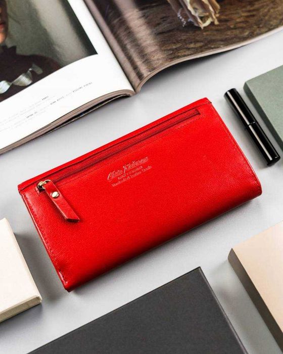 Portfel Damski PETERSON Duży SKÓRZANY Klasyczny Poziomy Elegancki RED