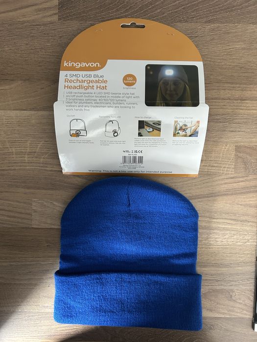 Niebieska czapka beanie unisex onesize z lampką USB NOWA