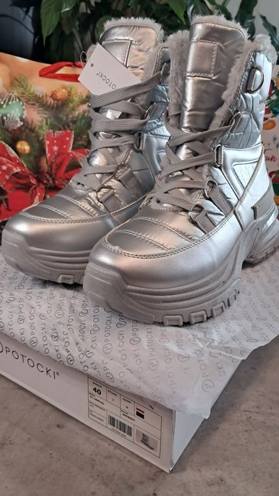 Śniegowce Potocki Srebrne  r.40 PIĘKNE dł.wkł.25,3 cm