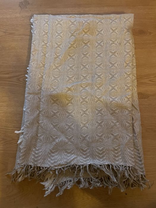 Stary obrus żakardowy tkany bawełniano lniany z frędzlami Cepelia retro vintage prl