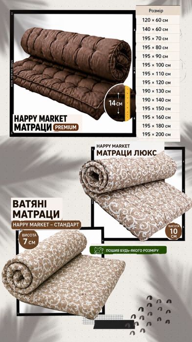 Ватяні матраци від виробника: від Стандарту до Преміум (7-14 см).