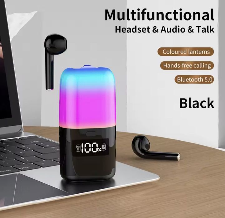 Bezprzewodowe słuchawki Bluetooth 5.0 z podświetlanym etui i głośnikie