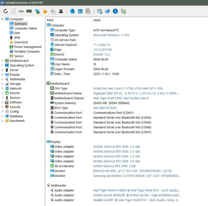 Komputer PC do gier i pracy i7-11700 / RTX-3060-12 gb / RAM 64 gb