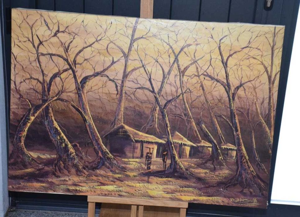Quadro africano (Angola) pintado a tinta de óleo – Cubatas na Floresta – 1997