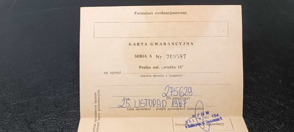 Wiatka 12 PRL – karta gwarancyjna + paragon zakupu 1987 r.
Opis