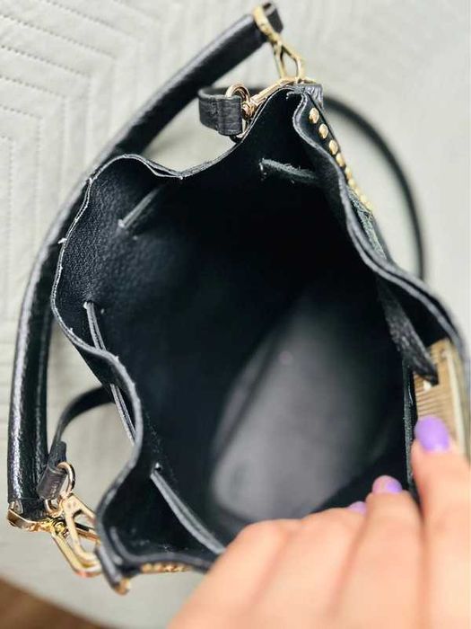 Worek skórzana czarna złota ćwieki torebka naturalna zamszowa