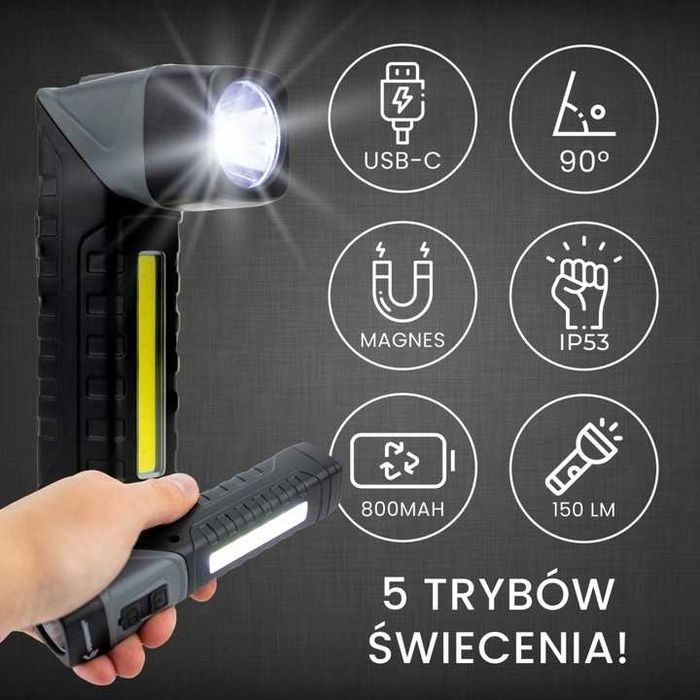 Latarka LED z obrotową głowicą 90st typC Praktyczna