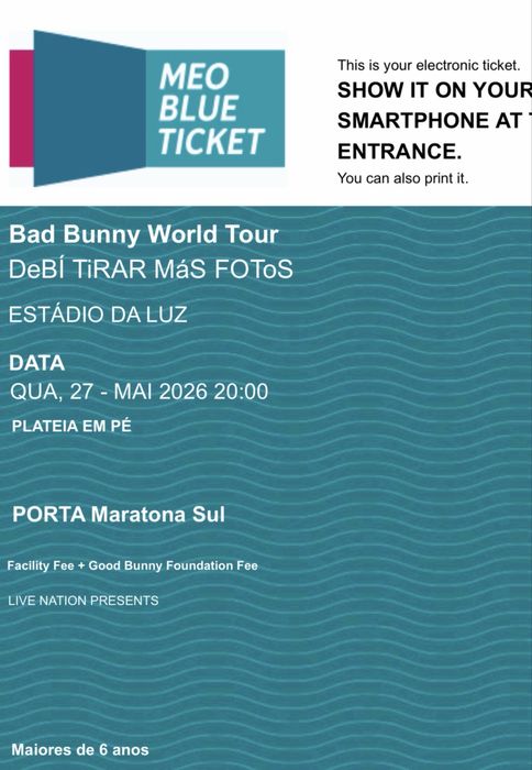 Bilhete Bad Bunny dia 27 Maio Plateia