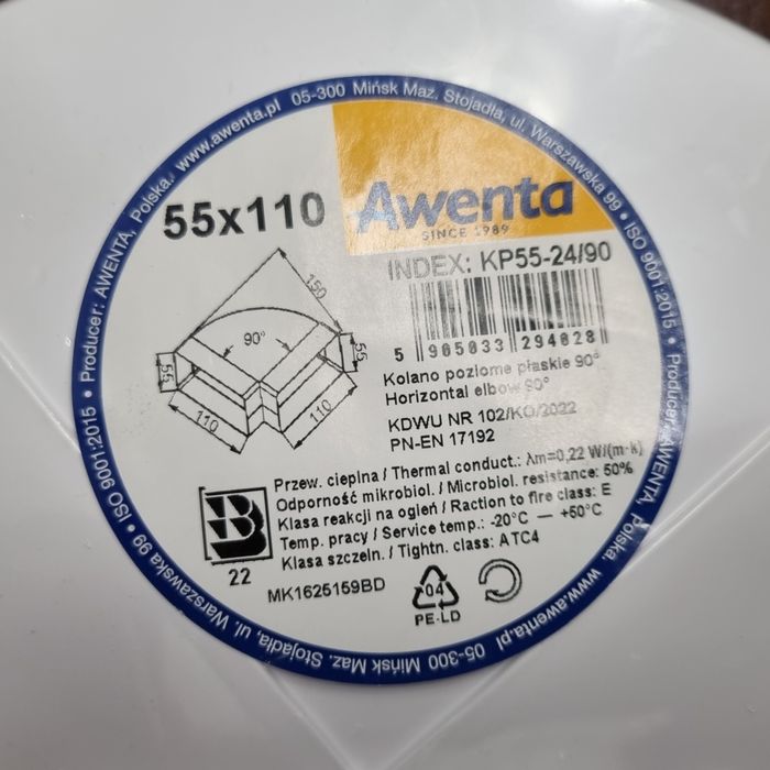 Awenta Kolano wentylacyjne poziome 55x110 90' Nowe