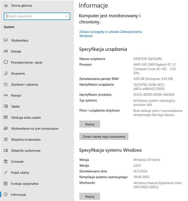 Komputer stacjonarny Lenovo 2TB HDD/4GB RAM
