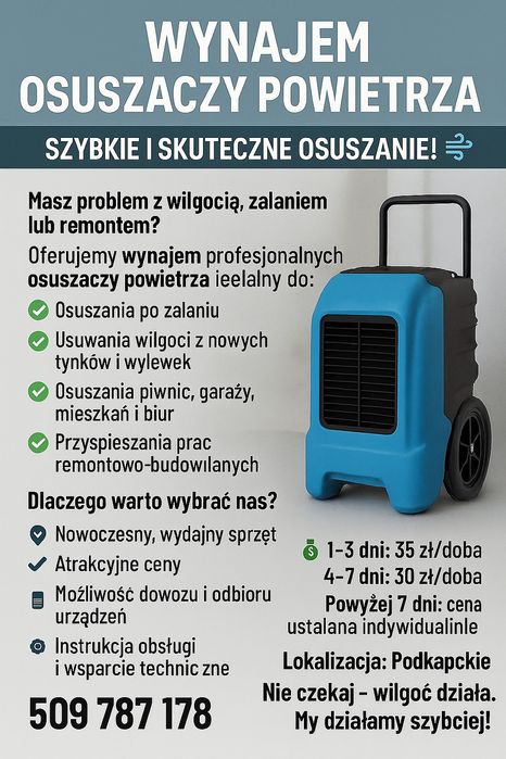 Wynajem,zalane budynki,pochlaniacz wilgoci,ozonator