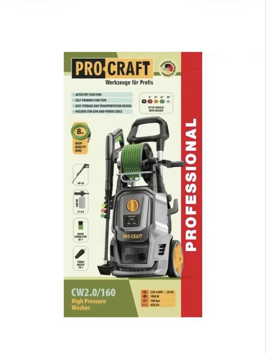 Мийка високого тиску Procraft CW2.0/160 2000 Вт 160 бар 450 л/год, шланг 8 м, пінник, турбонасадка, самовсмоктування