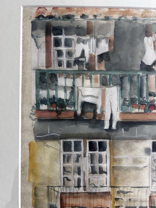 Quadro original em aquarela – Fachada com varandas e plantas