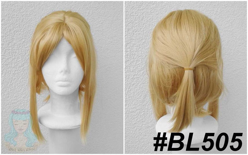 Krótka żółta peruka Link Zelda cosplay wig z kitką blond grzywką