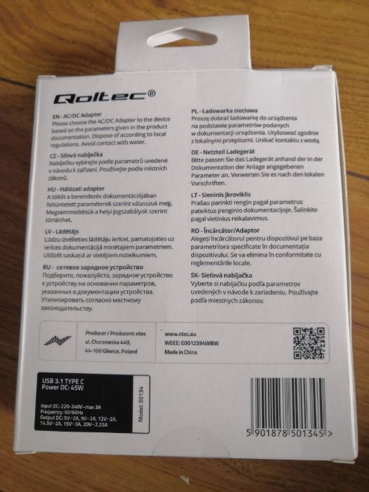 Ładowarka do laptopa/tableta/smartfona USB 3.1 TYPE C