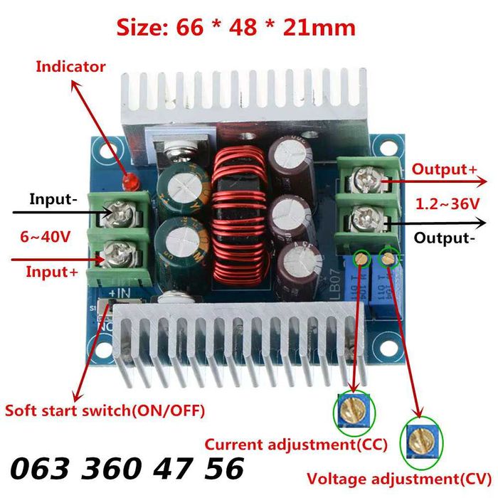 Преобразователь напряжения 300W 20A 1.2-36 В