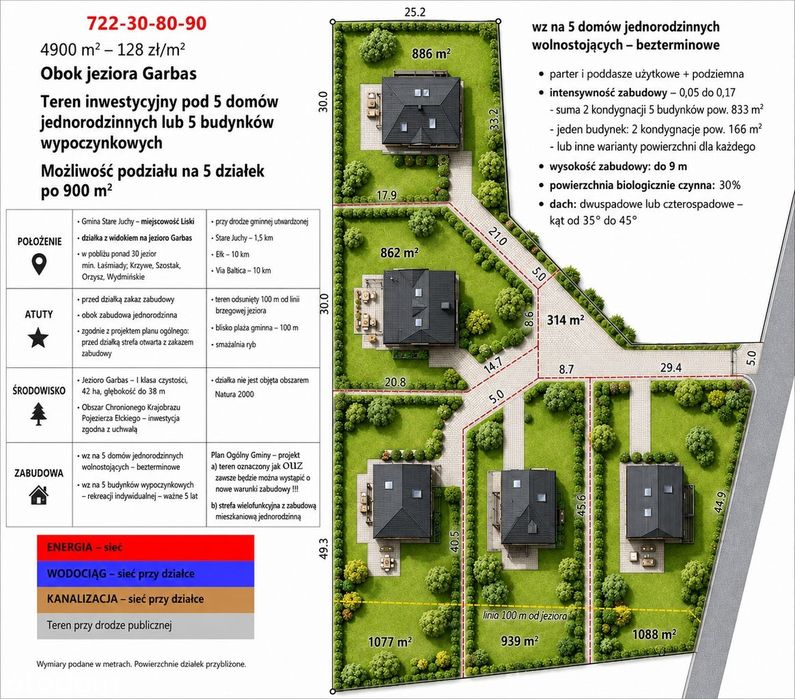 Teren inwestycyjny wz pod 5 domów, media, obok jeziora, plaża, domy