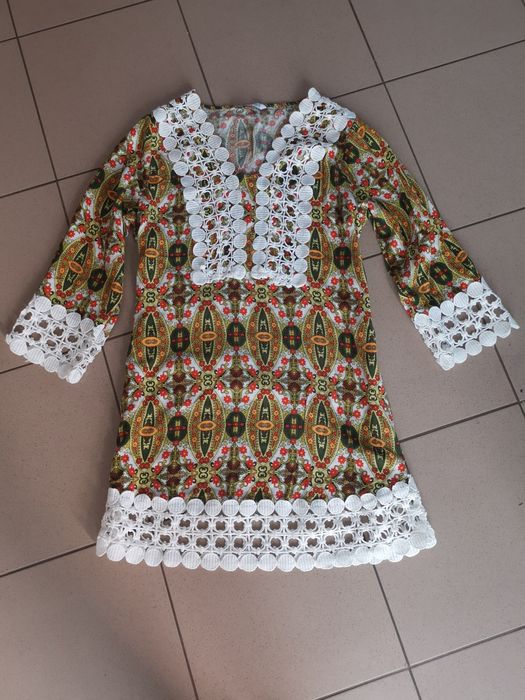 Folkowa tunika boho z ażurem koronka haft kwiatowy wzór r L 40