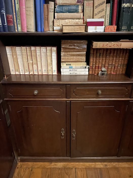 Estantes em madeira maciça com gavetas e portas