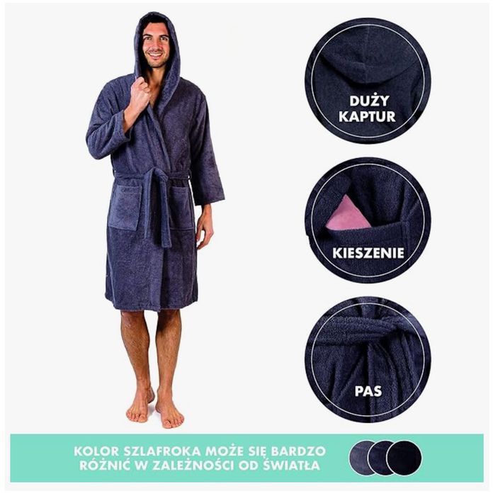 Męski szlafrok z kapturem i kieszeniami r.XL, ciemnoszary 100% bawełny